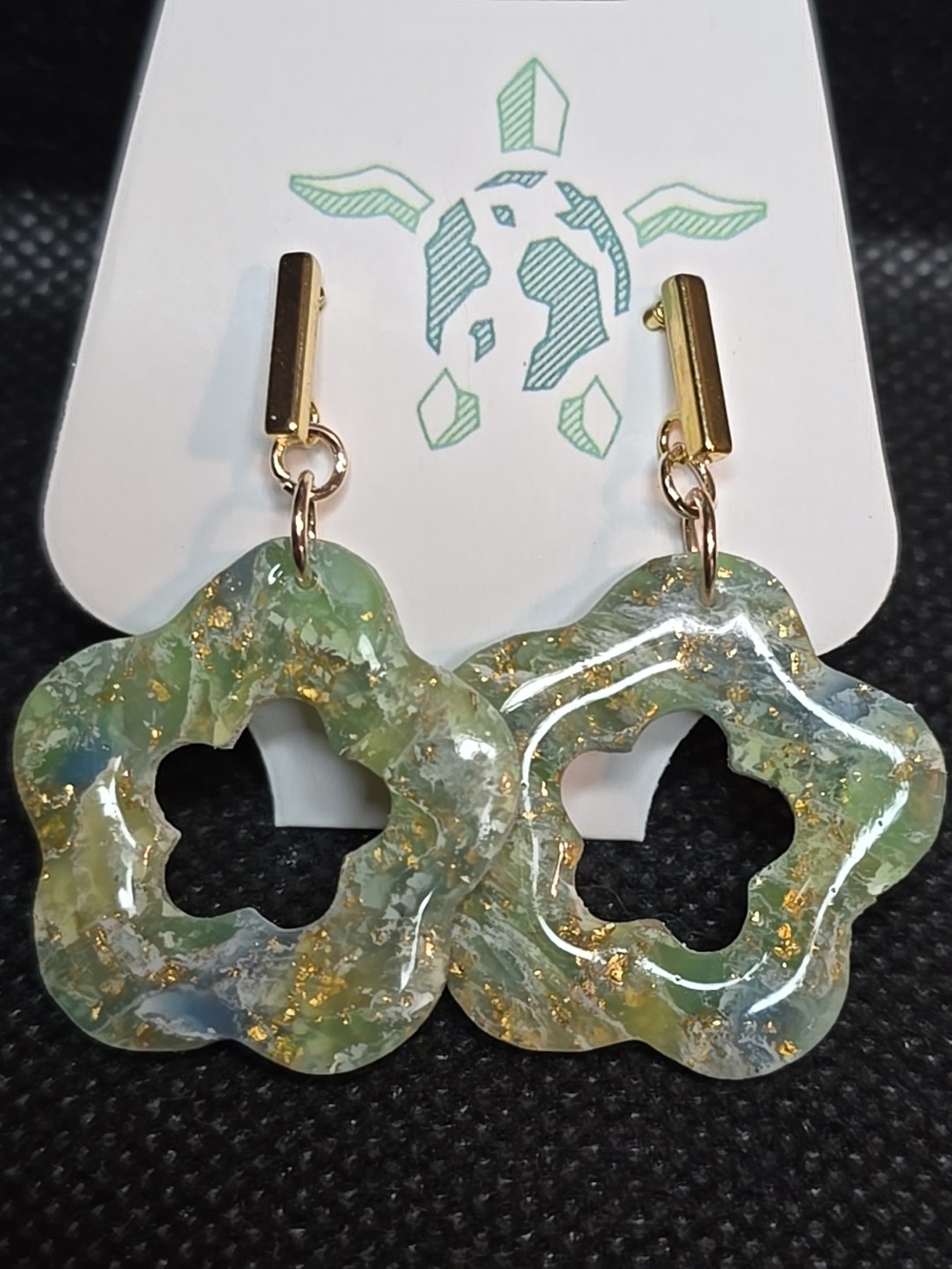 Green Floral Resin Hoop Earrings with Gold Fleck Accents